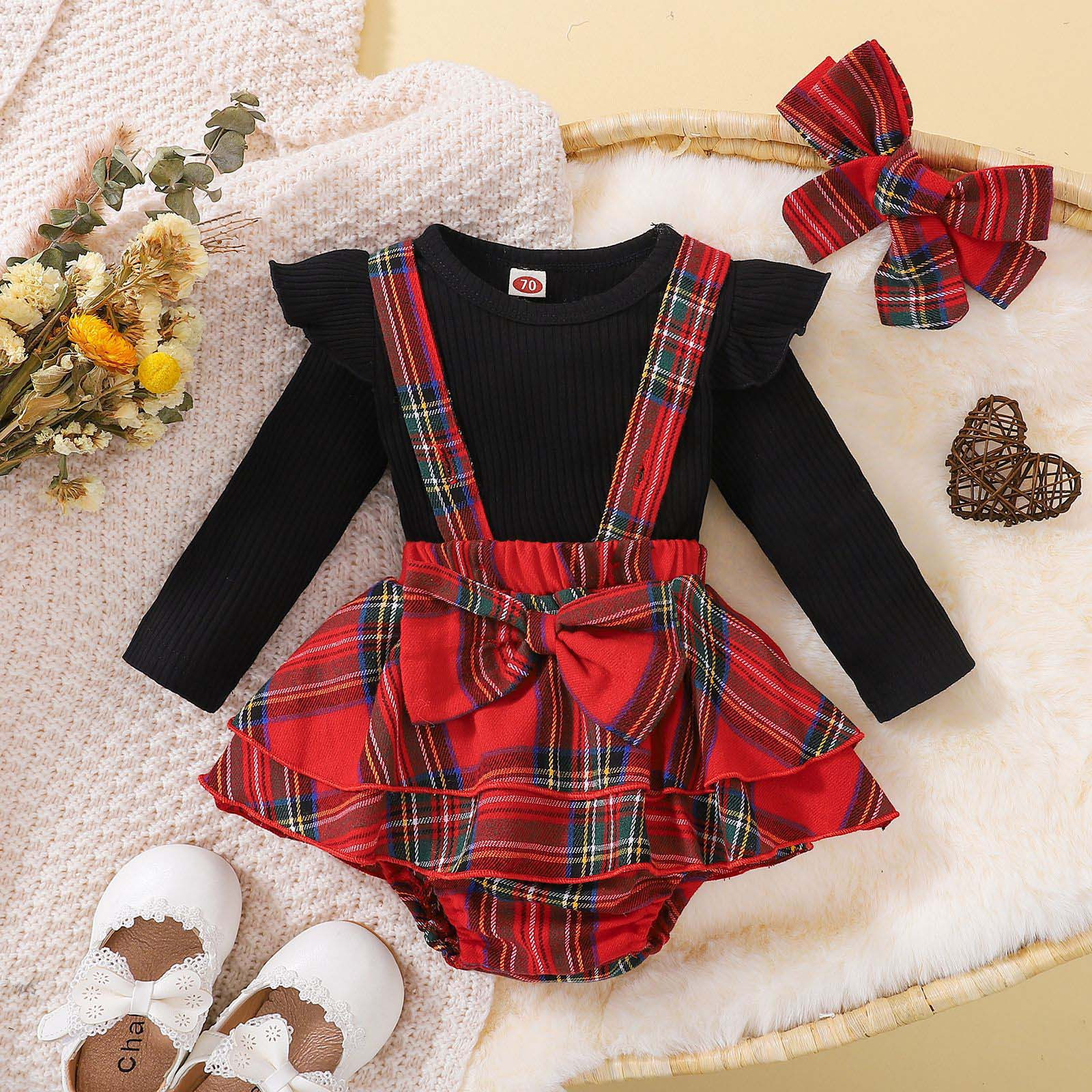 ZCFZJW Toddler Baby Girl Outfits Ruffle Long Sleeve Ribbed Sweatshirt Shirt Top Buffalo Plaid Suspender Overall Skirt Headband Butterfly Knot Hairband 3 Pieces Set(Black,9-12 Months) - image 2 of 9