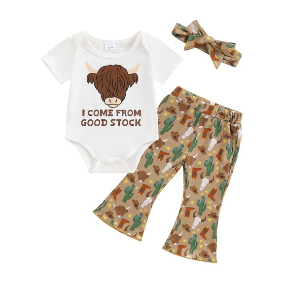 Aojekbee Baby Girl Western Outfits Short Sleeve Cow Print Romper with Flare Pants Headband Set Infant Clothes