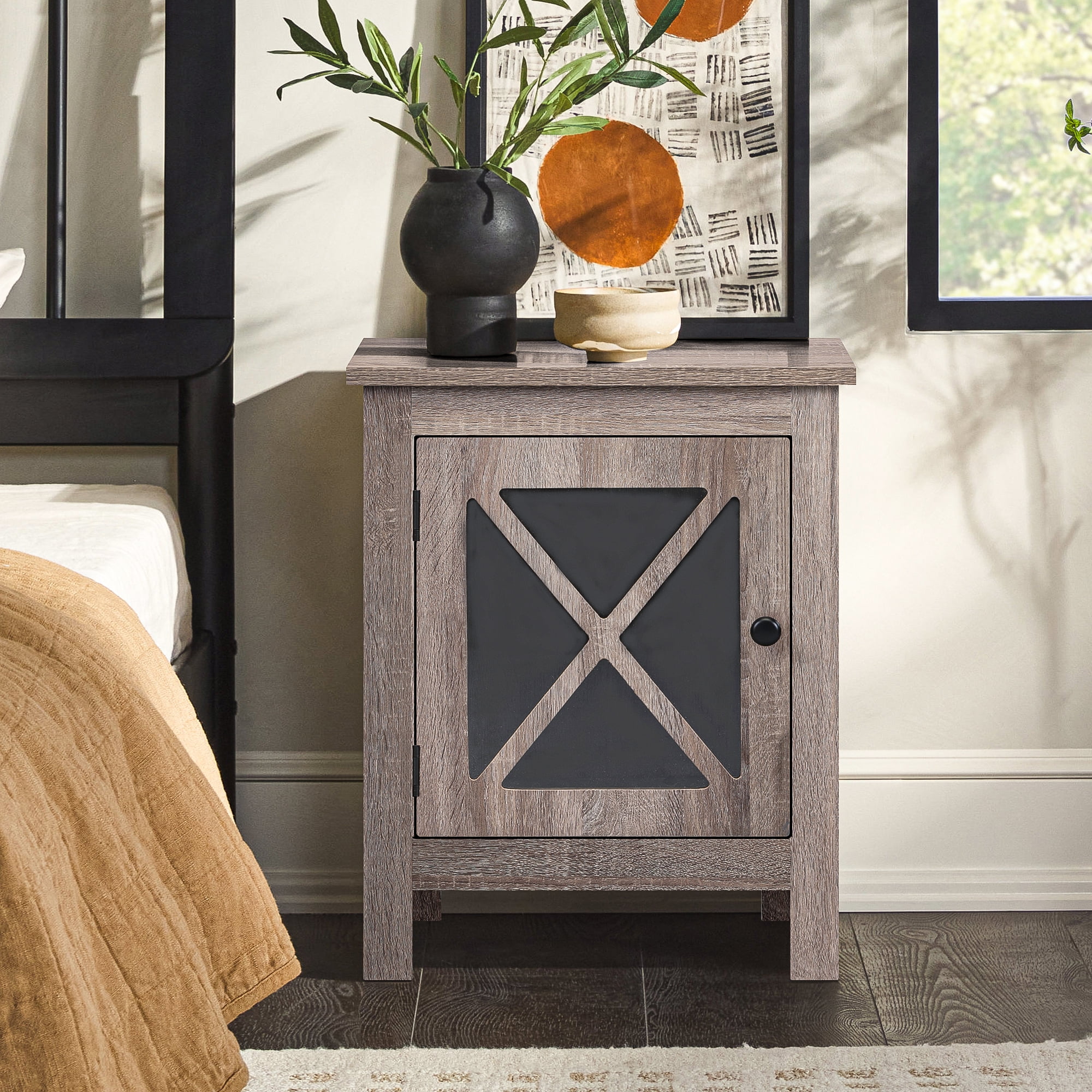 Kadyn Set of 2 Industrial Nightstand, Farmhouse Side Table End Table with X design glass Door - Light Gray Wood Kadyn Set of 2 Industrial Nightstand, Farmhouse Side Table End Table with X design glass Door - Light Gray Wood