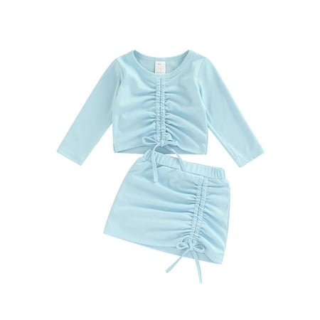 

Sunisery 2Pcs Toddler Baby Girls Skirt Sets Long Sleeve Drawstring Tie Up Crop Tops Elastic Waist Ruched Skirt Blue 18-24 Months