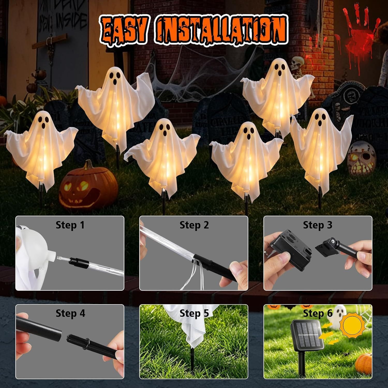 Solar Halloween Ghost Lights, 6-Piece Outdoor Stake Decorations with Warm White Glow and Poseable Arms for Garden Path, Yard, Porch, and Haunted House Displays