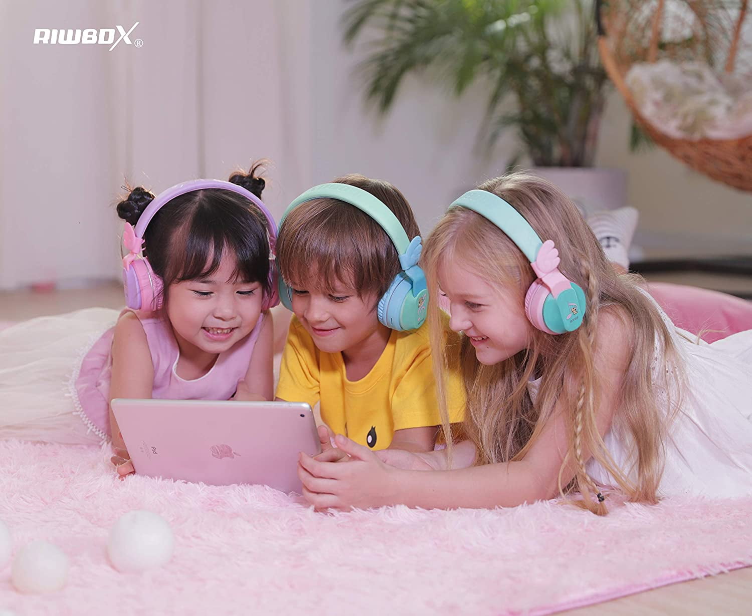 Riwbox BT05 Bluetooth Kids Headphones Wireless Foldable Headset Over Ear with Volume Limited and Mic/TF Card Compatible for iPad/iPhone/Tablet(Purple&Pink)
