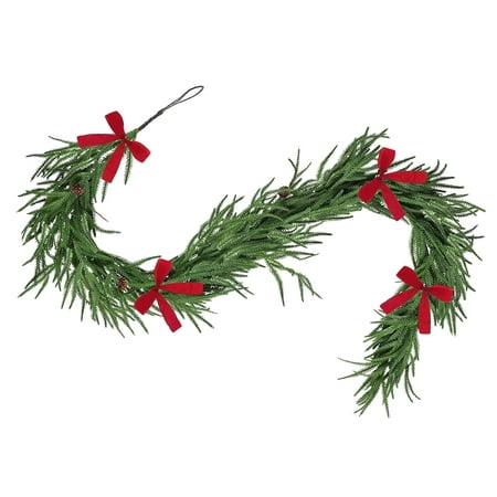 SKYSONIC Artificial Norfolk Pine Garland, 6FT Flocked Christmas Garland with Bows for Table, Mantel, Stairs Railing, Wall, Porch, Indoor, Winter Decor
