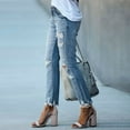 thumbnail image 3 of Women Patchwork Destroyed Raw Hem Jeans Ripped Hole Denim Pants, 3 of 5