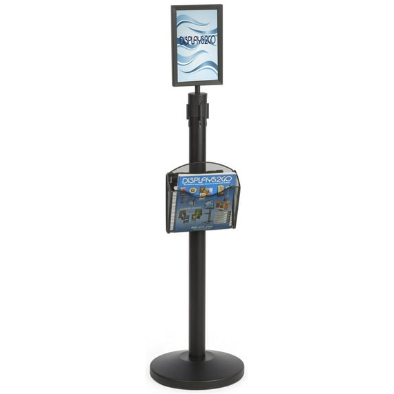 8 pc set, 4 Crowd Control Stanchion Post, with Gray Belt, (2) 7" x 11" Sign Frames, (2) Single Sided Literature Holders (Black Steel) (LSC1MS1SGR)
