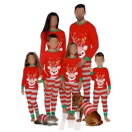 

FOCUSNORM Christmas Xmas Family Matching Set Pajamas Sleepwear Nightwear Kids Adult Elk Stripe Printed Pyjamas