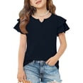thumbnail image 2 of Grblisyd Girls' V-Neck Ruffle Top Casual Cute T Shirts Loose Fit Short Sleeve Tops Tees Beach Vacation Solid Tops Blouses Navy 2-3Y, 2 of 6