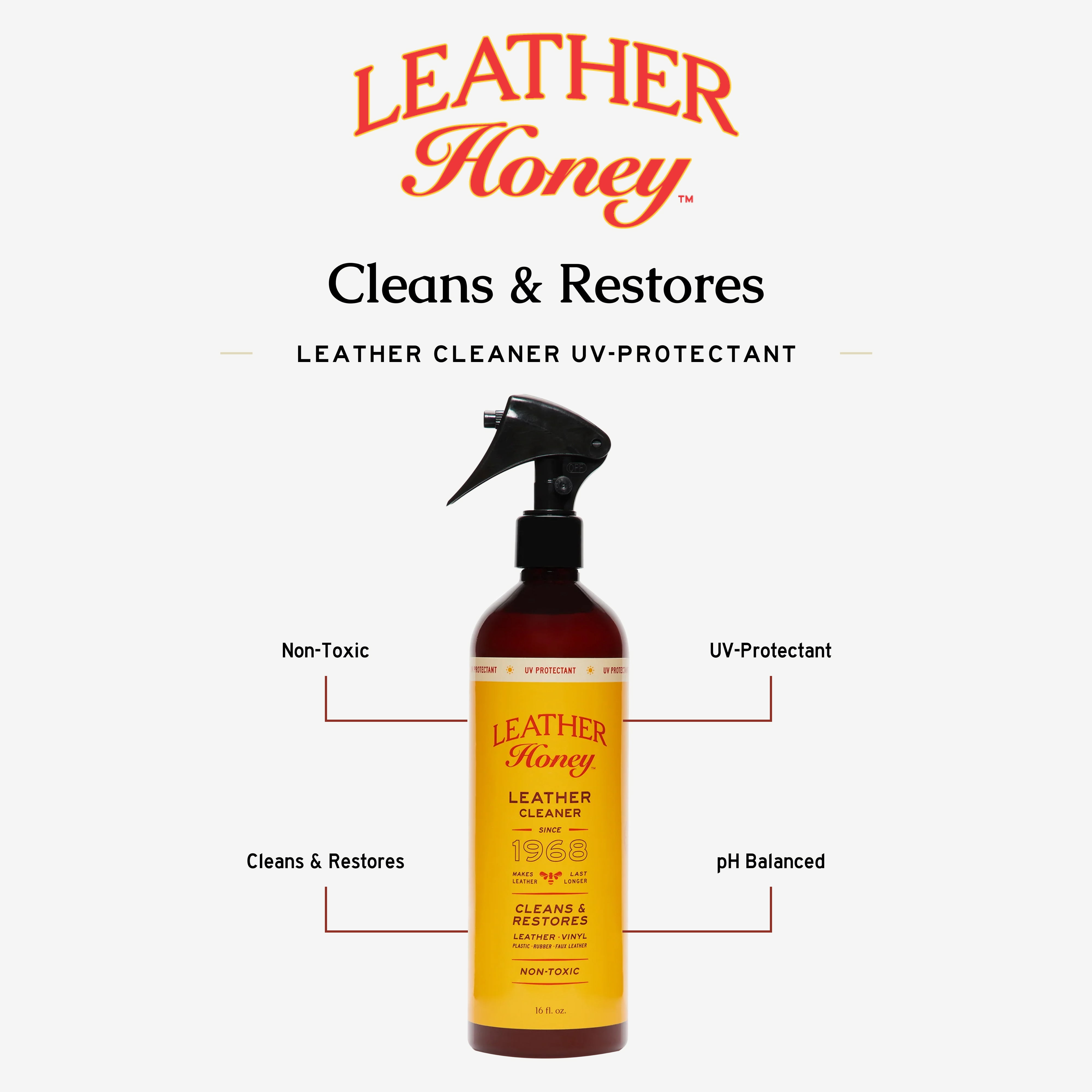 Leather Honey Non-Toxic Leather Cleaner Spray with UV Protectant for Use on Couches, Car Seats, Purses, Shoes, Bags & Tack, 16oz