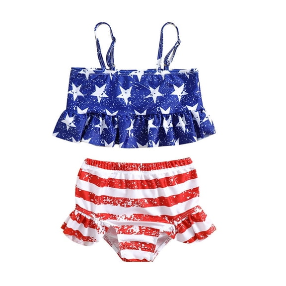 Girls American Flag Star Stripe 2 Piece Bikini Swimsuit, Ruffle Hem Spaghetti Strap Kids 4th of July Bathing Suit