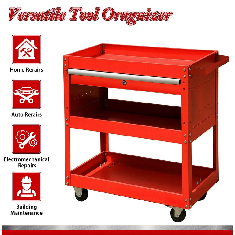 YATOINTO Updated Rolling Tool Cart 330lbs Metal 3 Tier Rolling Cart Carts with Wheels Heavy Duty Utility Carts, Ergonomic Handle Rolling Mechanic