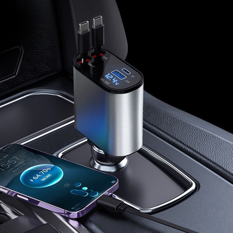 4 IN 1 Retractable 100W USB C Car Charger Adapter, Dual Port Fast Charging for Phones and Tablets