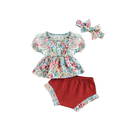 

Canrulo 3pcs Baby Girl Clothes Ruffle Short Sleeve Floral Printed Elastic T Shirts+Shorts Headband Sets Wine Red 0-3 Months