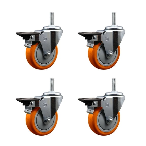 4 Inch Orange Poly Wheel Swivel 5/8 Inch Threaded Stem Caster Set with Brake