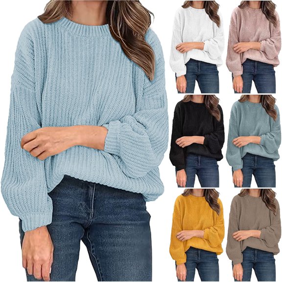 LOVZFMLL Women's Sweaters Acrylic Crew Neck Ribbed Pullover Solid Color Casual Basic Cozy Loose Long Sleeve Tops Warm Fall Winter Clothes