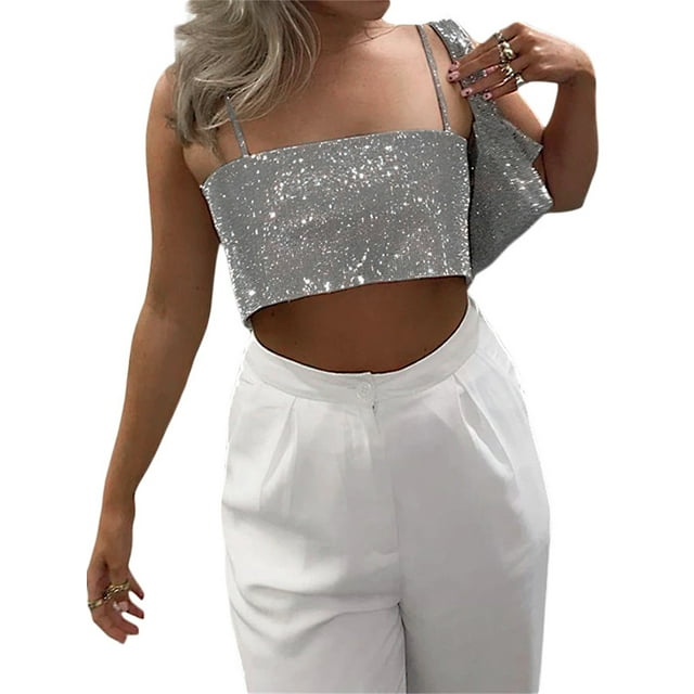 Gupgi Women Silver Vest Bling Rhinestones Crop Top Spaghetti Strap Backless Sequins Tank Top