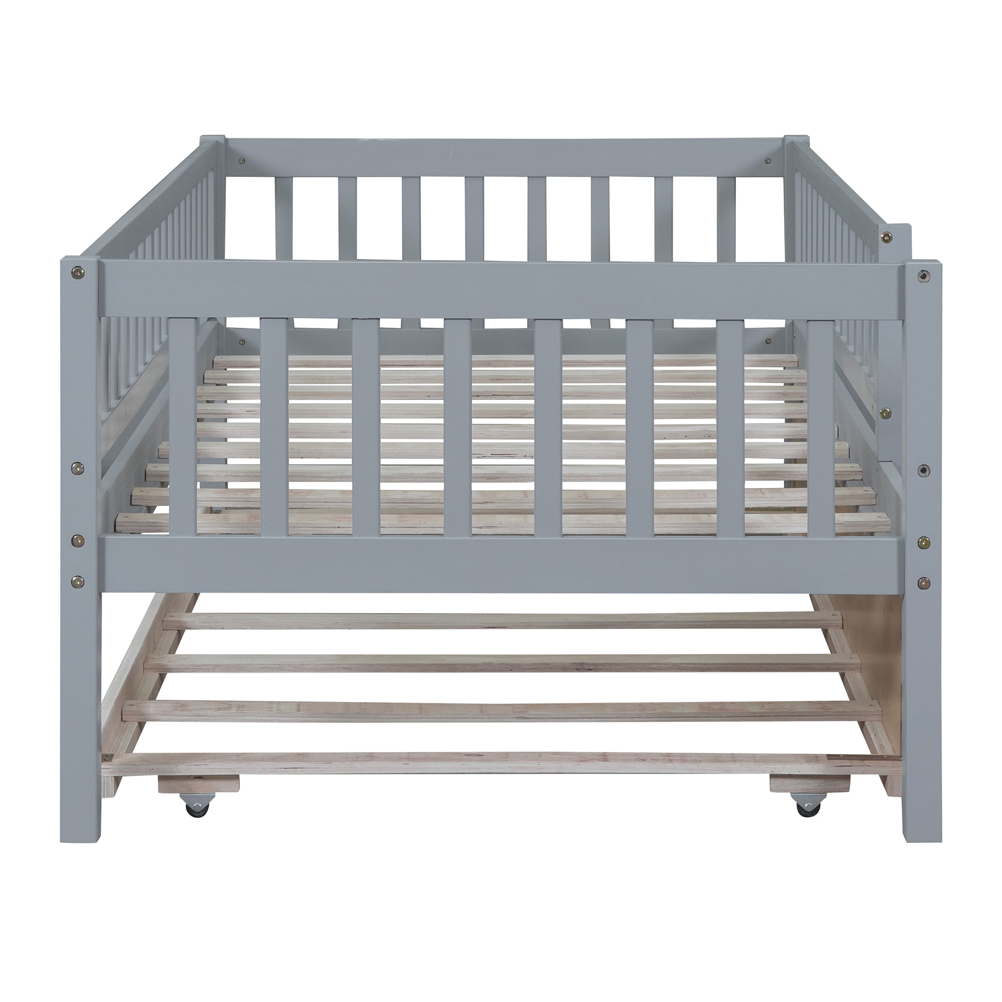 Holaki Twin Size Wood Bed with Trundle and Guardrails for Kids, Gray