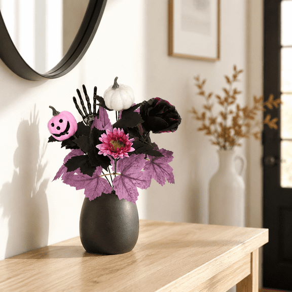 Gothic Artificial Halloween Decor Bouquet, Plastic Arrangement with Pink White Pumpkins, Black Roses & Purple Maple Leaves, Tabletop Decor for Party, 1-Piece