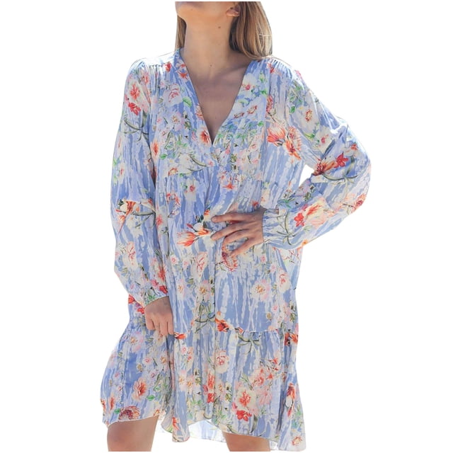 Vestido estampado bohemio suelto de temperamento de manga larga con cuello en V de primavera y otoño para mujer Pompotops hdfakjf7982