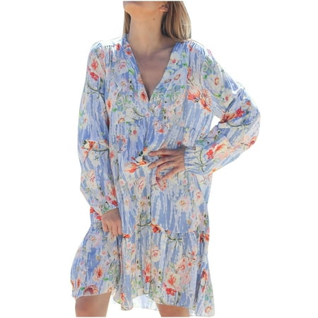 

Wedding Guest Dresses for Women White Dress Women s Spring and Autumn V-neck Long-Sleeved Temperament Loose Fit Bohemian Print Dress on Clearance Dresses for Women Skims Dupes Dress Blue M