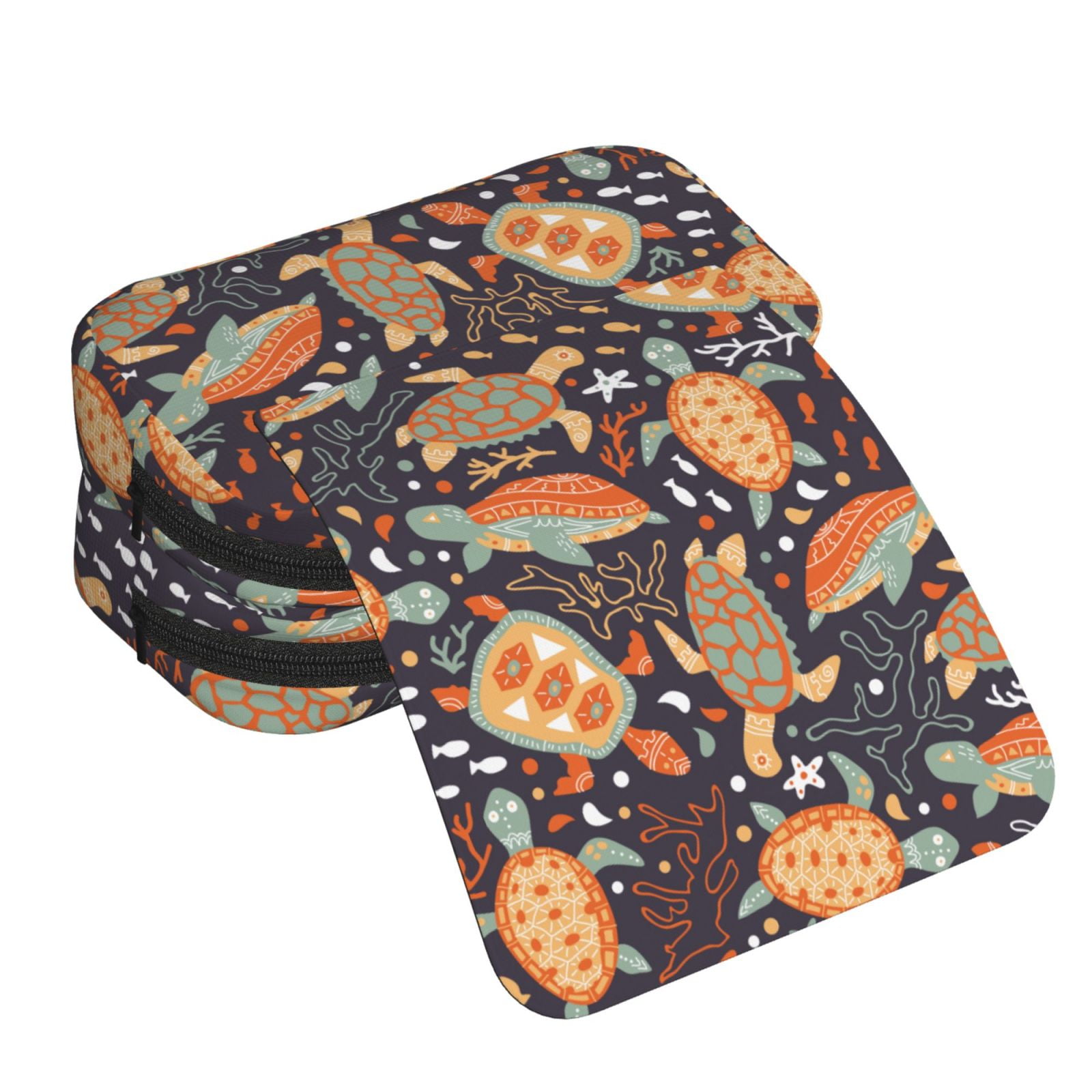 Rateoe Turtles and Sea Plants Pattern Double Clamshell Pen Case, Storage Organizer with Two Zipper Compartments– Holds Up to 50 Pencils & Pens