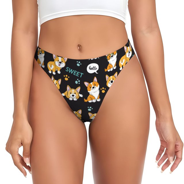 Balery Cute Dogs Corgi Tangas de Algodón para Mujer con Estampado – Ropa Interior Sexy, Transpirable, G-string-Large