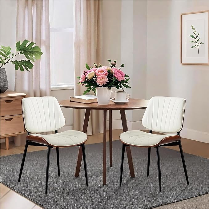 Set Of 4 Mid-Century Modern Dining Chairs - Upholstered PU Leather, Walnut Bentwood Back, Metal Legs, Dark Green