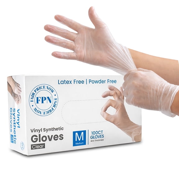 FPN Vinyl Synthetic Gloves, Clear, Powder-Free & Latex-Free – Medium 100 Count Box, Disposable, 4 Mil, Gloves for Cleaning, Cooking, Salon, Pet Care