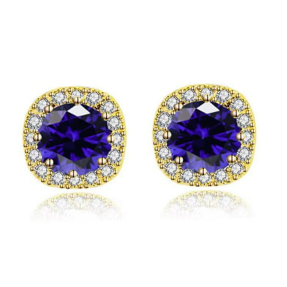 Paris Jewelry 10k Yellow Gold 3 Ct Round Created Blue Sapphire Halo Stud Earrings Plated Women
