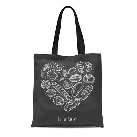 ASHLEIGH Canvas Bag Resuable Tote Grocery Shopping Bags Chalkboard I Love Bakery Doodle Chalk Drawing Bread Wheat Baguette Tote