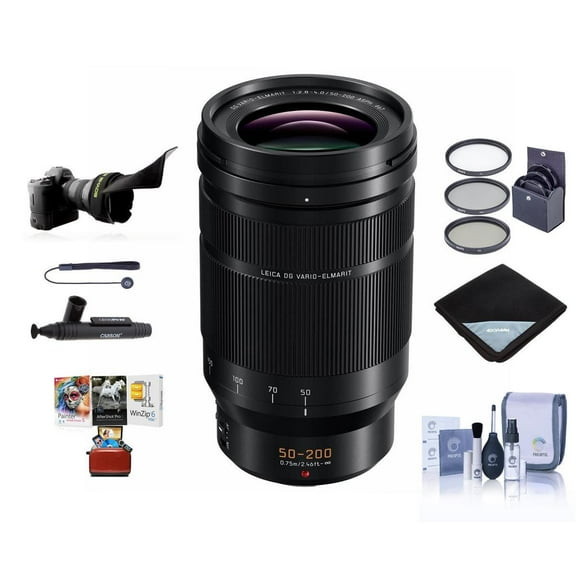 Lumix G Leica DG Vario-Elmarit 50-200mm f/2.8-4 Aspherical Lens for MFT, Bundle w/67mm Filter Kit, Lens Wrap, Cleaning Kit, Flex Lens Shade, Lens Cleaner, Lens Cap Tether, Mac Software Kit