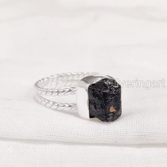 Natural Black Tourmaline Ring, Rough Tourmaline Ring, October Birthstone, Twist Double Band, 925 Sterling Silver, Womens Ring, Christmas, Thanksgiving, Handmade, Statement Jewelry, Raw Gems Jewelry