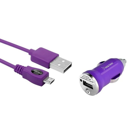 Insten Purple USB Mini Car DC Charger Adapter + 2in1 Micro USB Cable For Android Smartphone Cellphone Mobile
