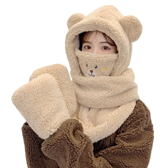 Hooded Scarf Gloves Hat 3 in 1 for Women in Winter, Faux Fur Soft Thick Warm Hat with Bear Ear Set