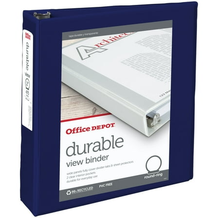 Office Depot Brand Durable View 3-Ring Binder; 2in Round Rings; 49% Recycled; Blue