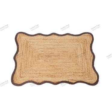 Hand Braided Beige Color Natural Jute Rug Scalloped Area Rug Rectangle Rug
