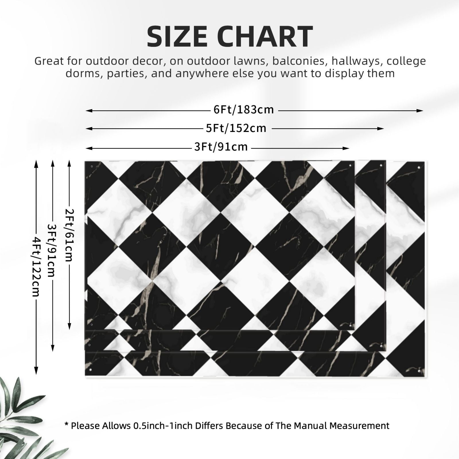 Marble Check Diagonal Black White Four Hole Decorated Banner Flag for Garden Yard Home Decoration Indoor Outdoor 4x6 Ft