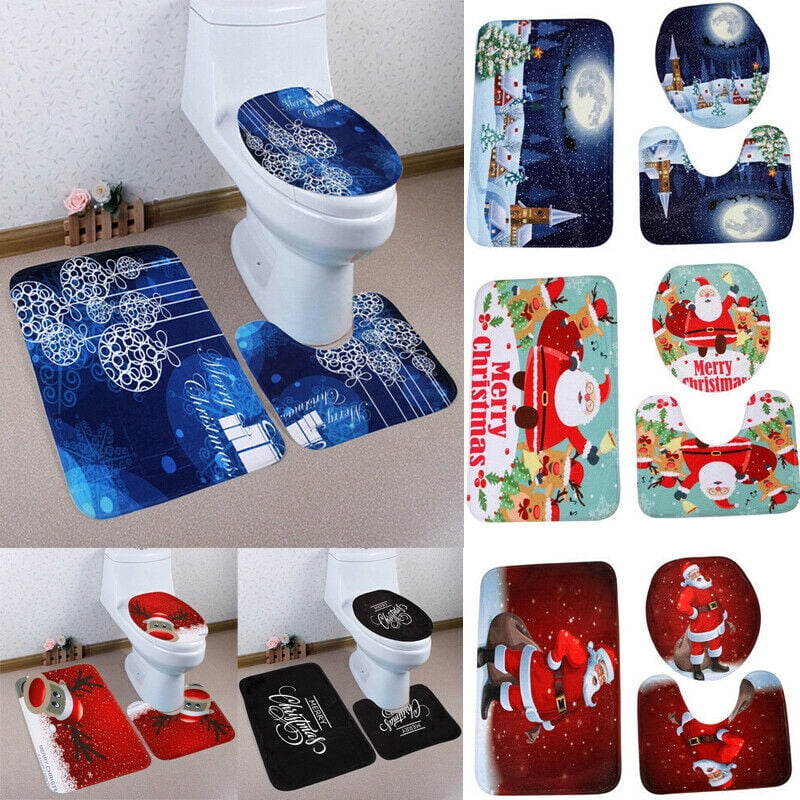 3pcs Christmas Happy Toilet Seat Cover Rug Bathroom Mat Xmas Home Decoration Set