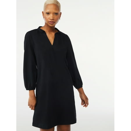 Free Assembly Women's Split Neck Dress with Blouson Sleeves