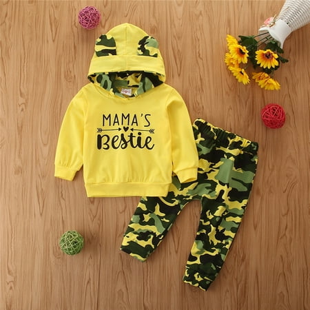 

Augper Baby Girl Clothes Long Sleeve Fall Winter Clearance Toddler Baby Kids Girs Letter Print Hooded Tops+Camouflage Pants Outfits Sets Yellow