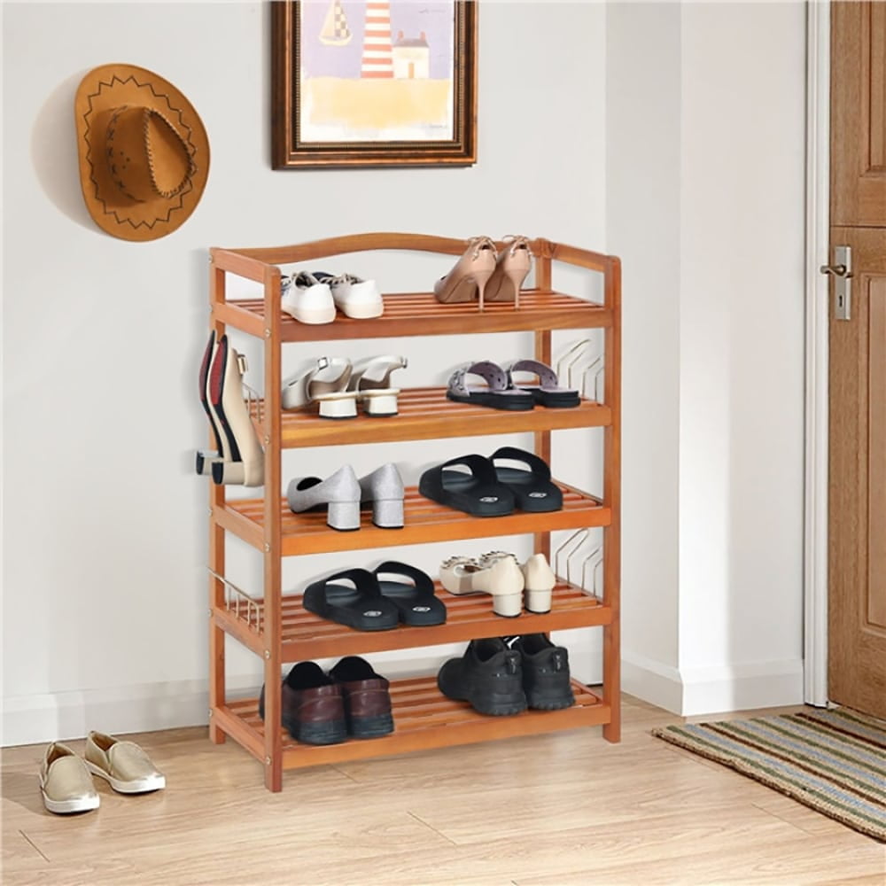 Spaco 5-Tier Acacia Wood Shoe Rack with Side Metal Hooks, Shoe Storage Organizer for Entryway & Closet