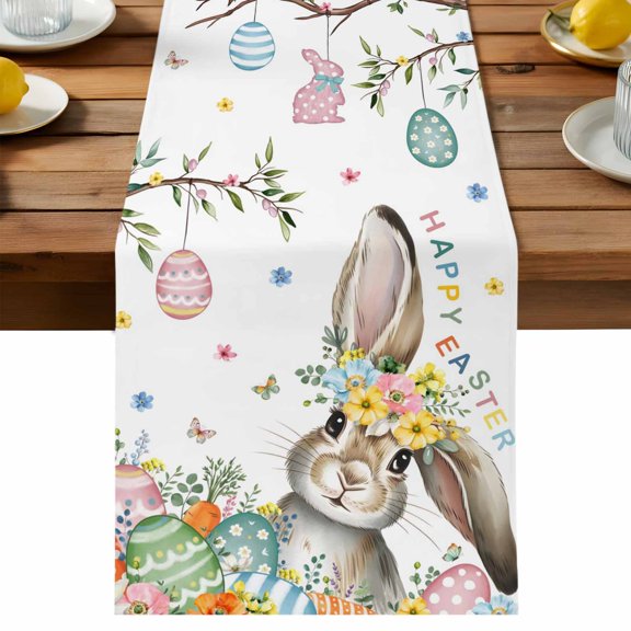 Happy Easter Table Runner, Bunny Rabbit Floral Egg Trees Butterfly Spring Washable Kitchen Table Runners Dress Scarves for Dining Table Decorations Party/Restaurant/Indoor Outdoor Use, 13x36in