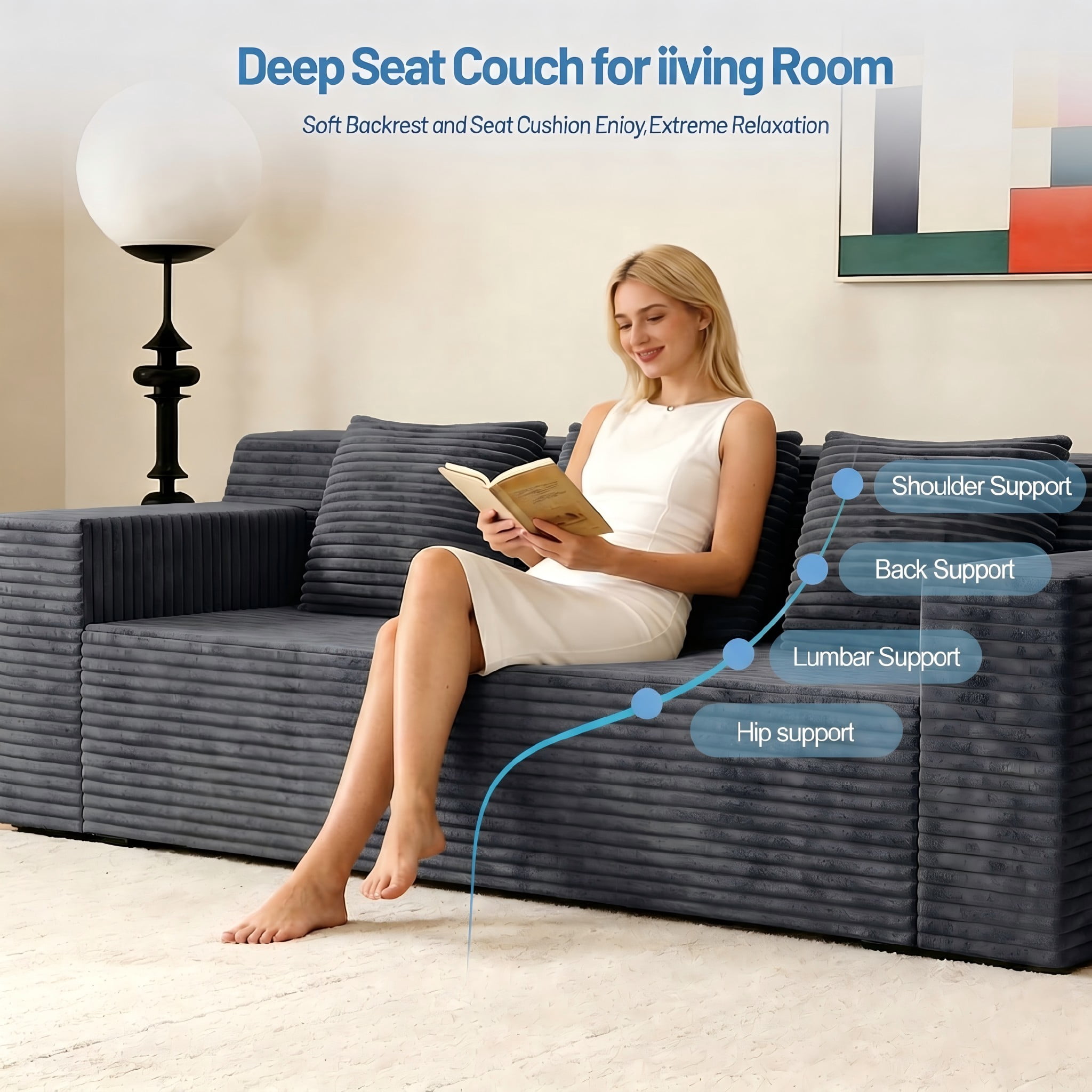 Modern 71" Corduroy Sofa, No Assembly Deep Seat Couch in a Box for Living Room, Dark Grey