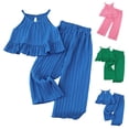 thumbnail image 4 of Povozer Summer Outfits for Girls Girls Solid Color Tank Top+Wide Legged Pants(Blue,3-4Y), 4 of 9