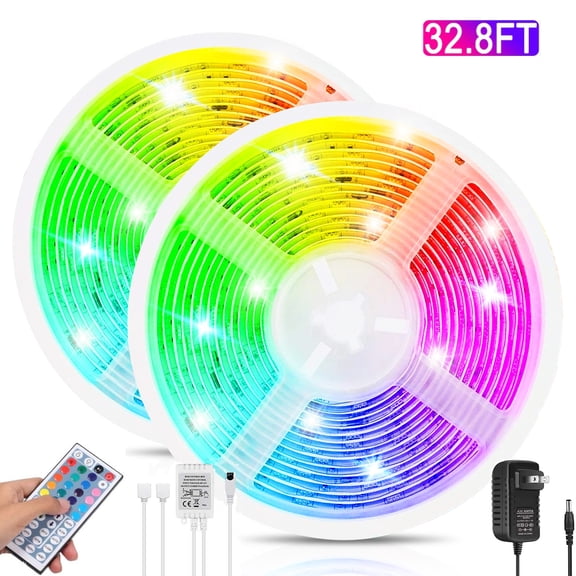 Led Strip Lights 32.8Ft 10m 12V Power Supply 5050 RGB Light with 44-Key IR Remote Controller Flexible Colors Changing for Home, Bedroom, Kitchen