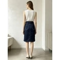 thumbnail image 2 of Deep Blue Denim Midi Skirt, High Waist A-Line Straight Skirt, Cotton, 2 of 5