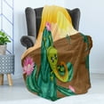 thumbnail image 4 of Cactus Soft Flannel Fleece Throw Blanket, Cartoon Style Desert Setting Sun Chameleon on a Cactus Arid Country Barren Heath, Cozy Plush for Indoor and Outdoor Use, 70" x 90", Multicolor, by Ambesonne, 4 of 5