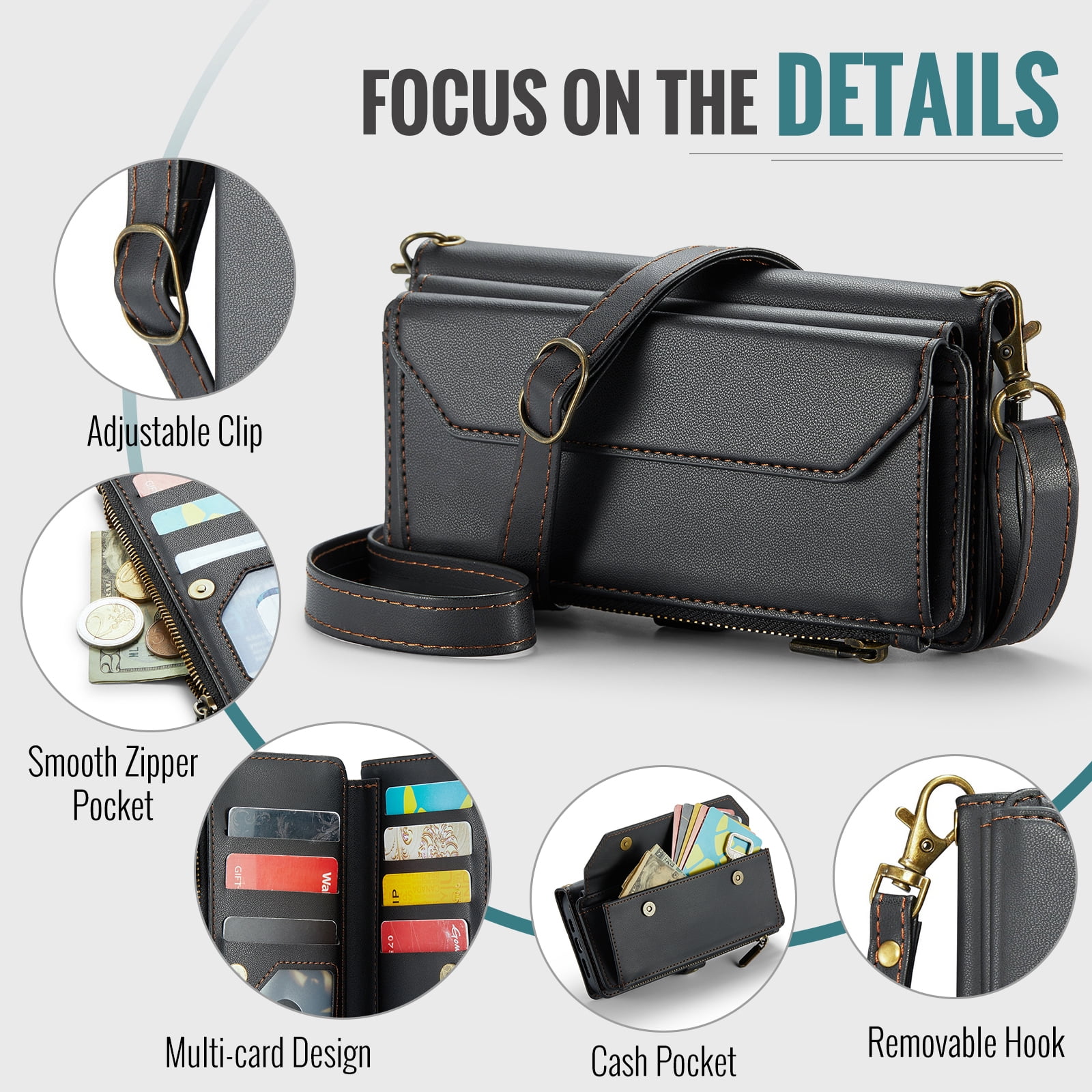 Compatible with iPhone 15 Pro Max 6.7 inch Zipper Wallet Phone Case Tempered Glass Screen Protector Crossbody Lanyard Strap Flip Card Holder Slot Cell Cover for i Phone15 15Pro i15 ProMax Women Black
