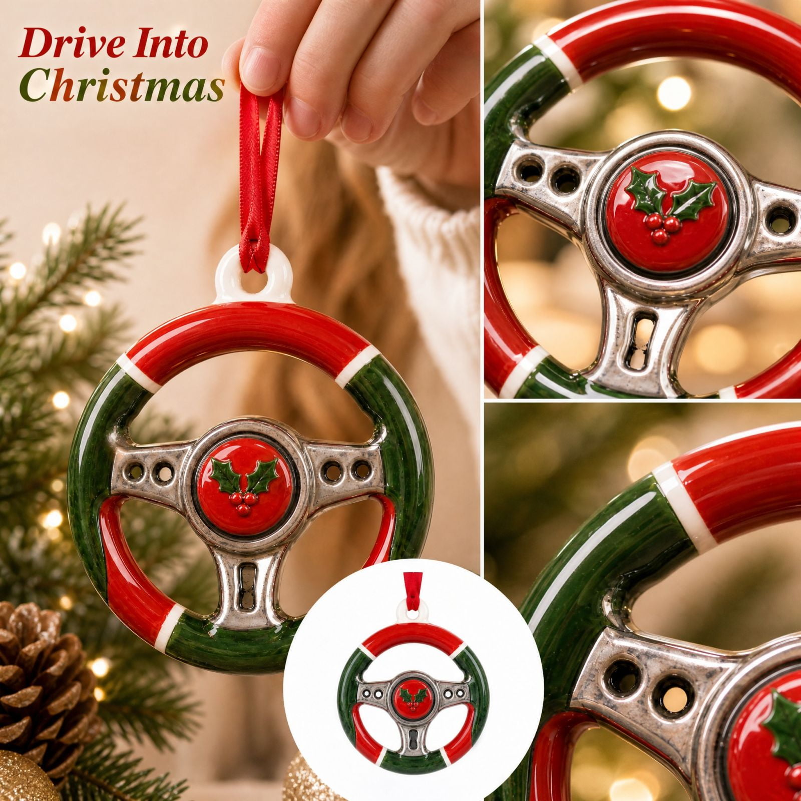 Christmas Steering Wheel Ornament with Red and Green Acrylic Design Hanging Car Decoration for Rearview Mirror
