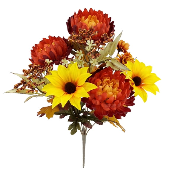 Mainstays 17in Indoor Artificial Mum Mix Bush, Orange Color.
