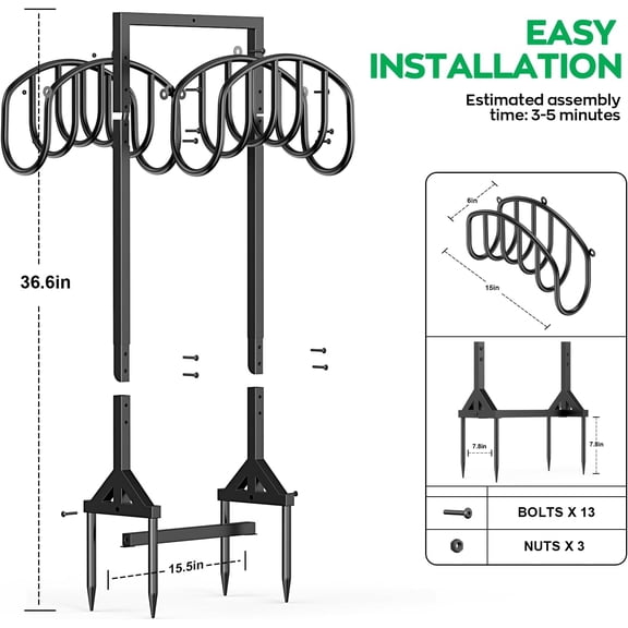 Garden Water Hose Holder Holds 2 * 150Ft Hoses, Heavy-Duty Metal Freestanding Hose Holder with 4 Spikes, Rustproof Garden Hose Reels Hose Hanger Storage for Outside, Yard, Lawn, Farm, Black